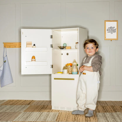Tiny Land INC Play Kitchen Fridge white wooden toy refrigerator with doors open child beside on Tampa Home & Garden Store