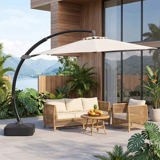 11 ft cantilever patio umbrella with beige canopy and black frame, base included, 360° rotation on Tampa Home & Garden Store