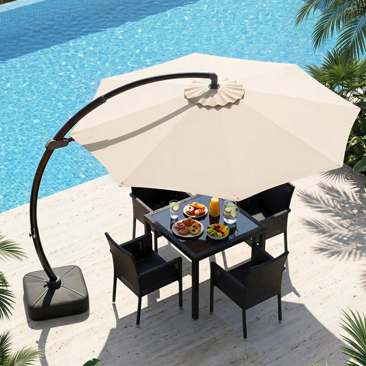 Cantilever patio umbrella 11 ft with base 360° rotation beige canopy over dining set on Tampa Home & Garden Store