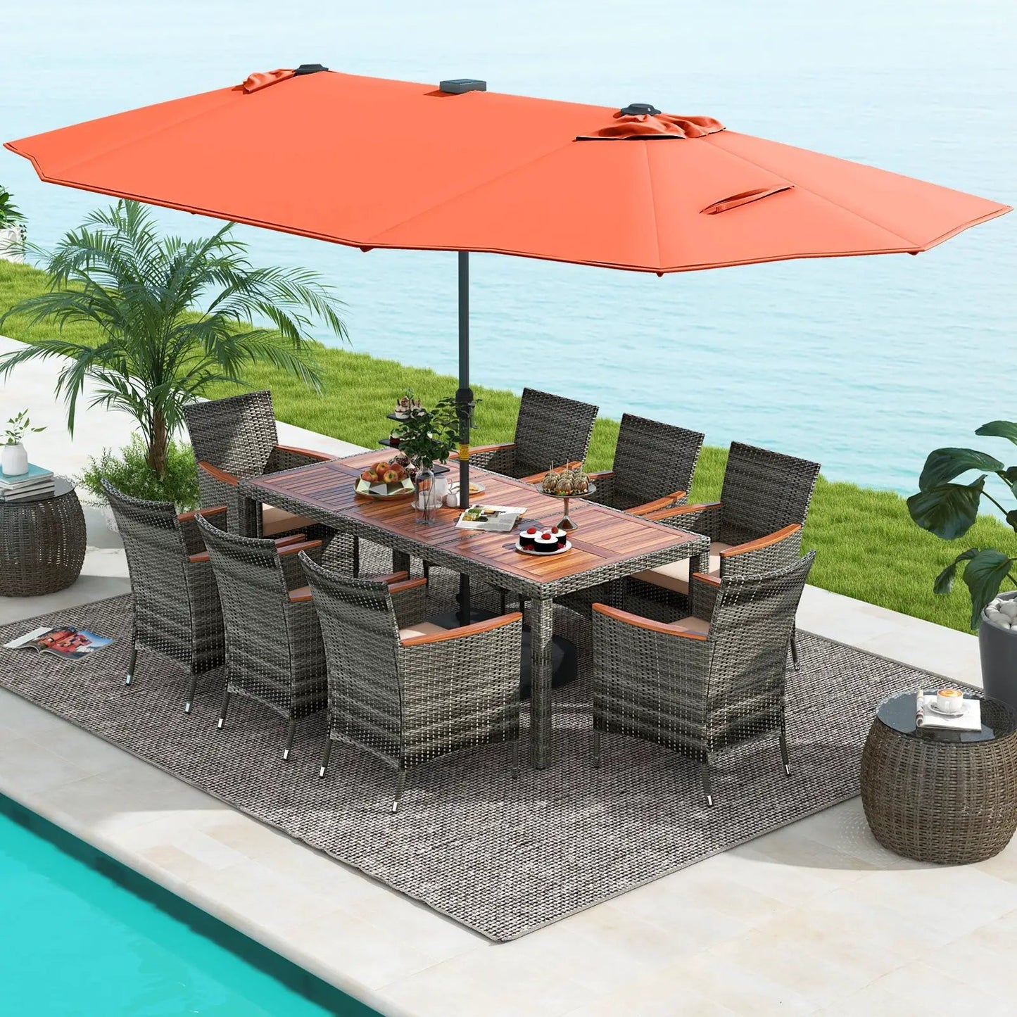 11 Pieces Patio Dining Set With Umbrella Base
