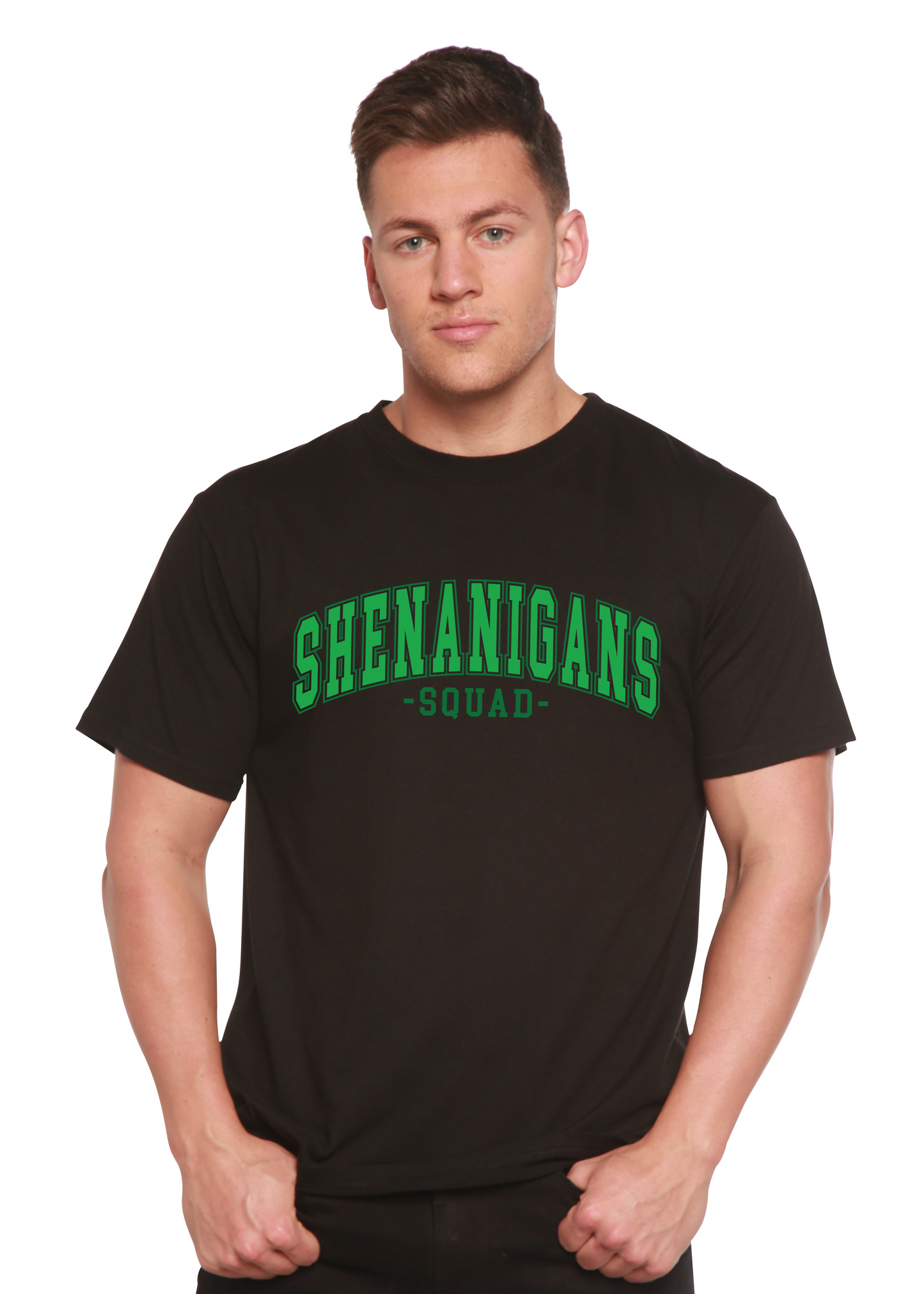 Shenanigans Squad bamboo/cotton graphic T-shirt in black with bold green text by Spun Bamboo on Tampa Home & Garden Store