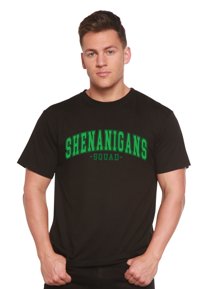 Shenanigans Squad bamboo/cotton graphic T-shirt in black with bold green text by Spun Bamboo on Tampa Home & Garden Store