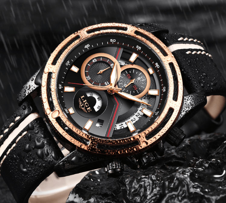 Men's waterproof sport watch with leather strap rose gold bezel day view chronograph on Tampa Home & Garden Store