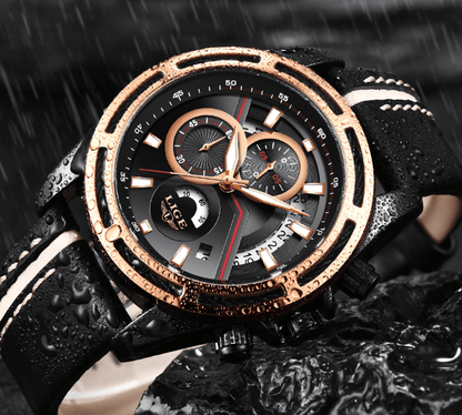 Men's waterproof sport watch with leather strap rose gold bezel day view chronograph on Tampa Home & Garden Store