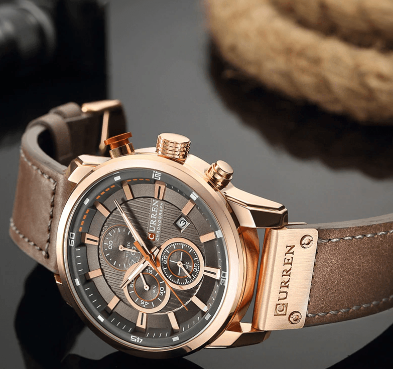 Stevvex men's waterproof sport watch with chronograph and leather strap, hardlex glass on Tampa Home & Garden Store