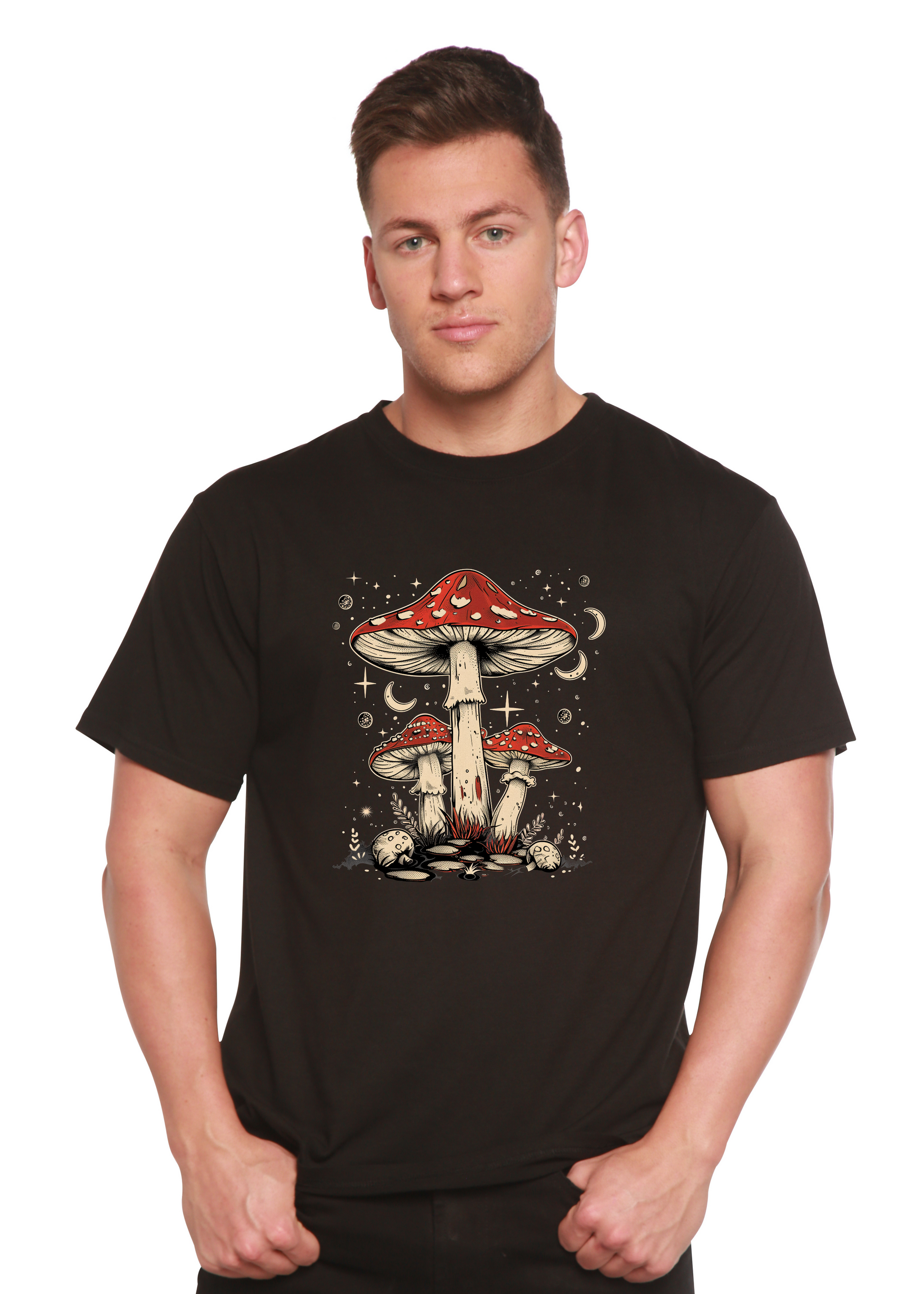 Boho Retro Hippie Mushrooms Bamboo/Cotton Graphic T-shirt in black on Tampa Home & Garden Store