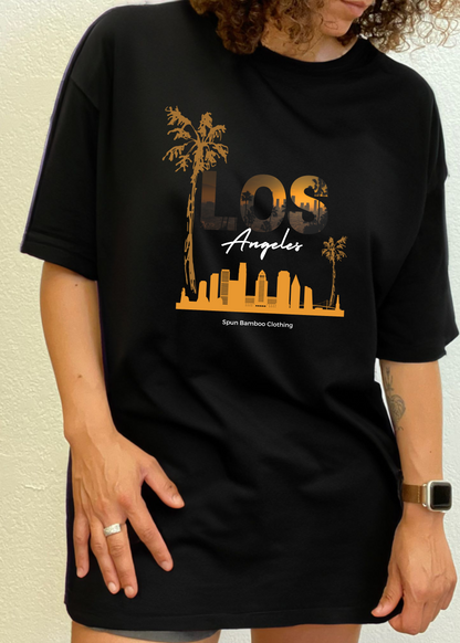 Los Angeles unisex bamboo viscose/organic cotton tee with palm trees and skyline, black Spun Bamboo on Tampa Home & Garden Store