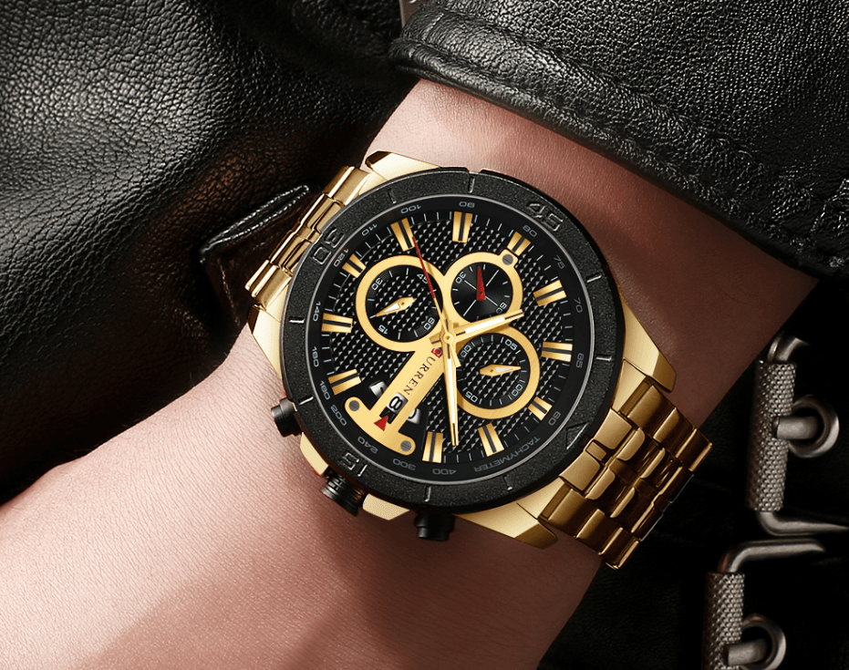 Stevvex men's gold-tone chronograph watch ST1N2150MLK1 with black dial and luminous hands on Tampa Home & Garden Store