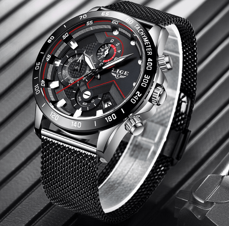 Men's Stevvex sports waterproof watch with stainless steel bracelet and black dial on Tampa Home & Garden Store