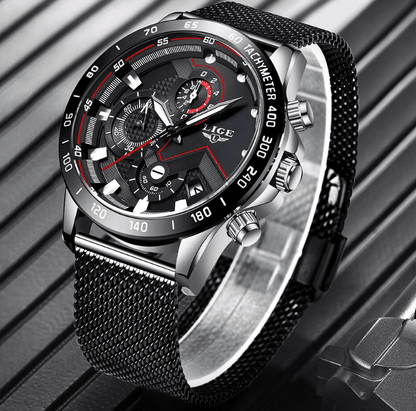 Men's Stevvex sports waterproof watch with stainless steel bracelet and black dial on Tampa Home & Garden Store