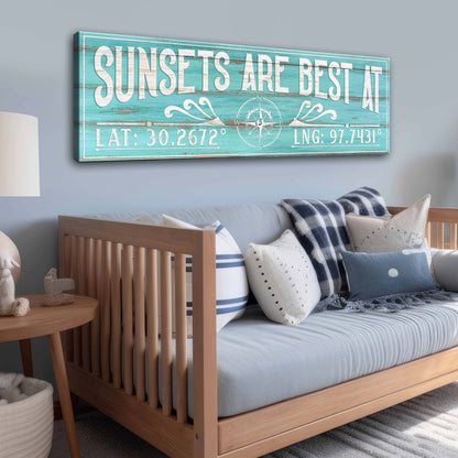 Sunsets Are Best At Coordinates Sign III canvas by Tailored Canvases teal distressed wood on Tampa Home & Garden Store