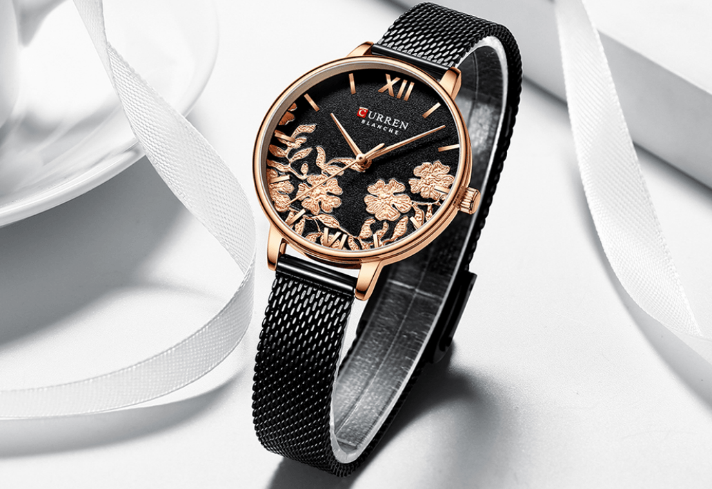 Stevvex women's elegant waterproof watch with decoupage floral dial, rose gold case, black mesh band on Tampa Home & Garden Store