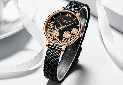 Stevvex women's elegant waterproof watch with decoupage floral dial, rose gold case, black mesh band on Tampa Home & Garden Store