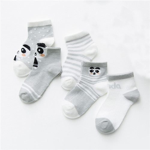 Stevvex 5-pair breathable mesh cotton infant socks set in grey/white with panda faces on Tampa Home & Garden Store