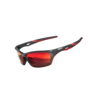 Polarized impact-resistant sunglasses by BikerZoneZ with red lenses and black frame for fishing on Tampa Home & Garden Store