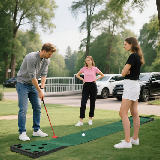 Tapete de golf de 11 pies para interiores y exteriores con 2 putters ajustables y 6 pelotas