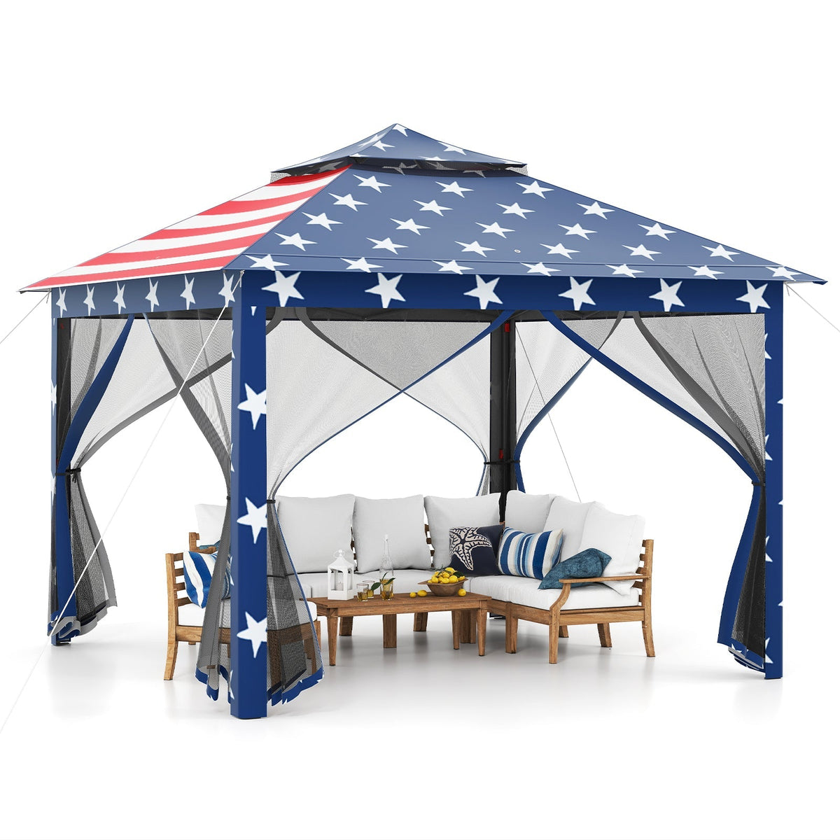 GemGear 11 x 11 ft 2-tier pop-up gazebo tent with blue star canopy and mesh sides on Tampa Home & Garden Store