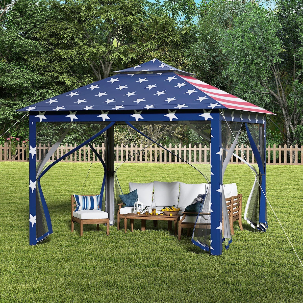 GemGear 11x11 ft two-tier pop-up gazebo tent in patriotic blue with white stars and stripes on Tampa Home & Garden Store