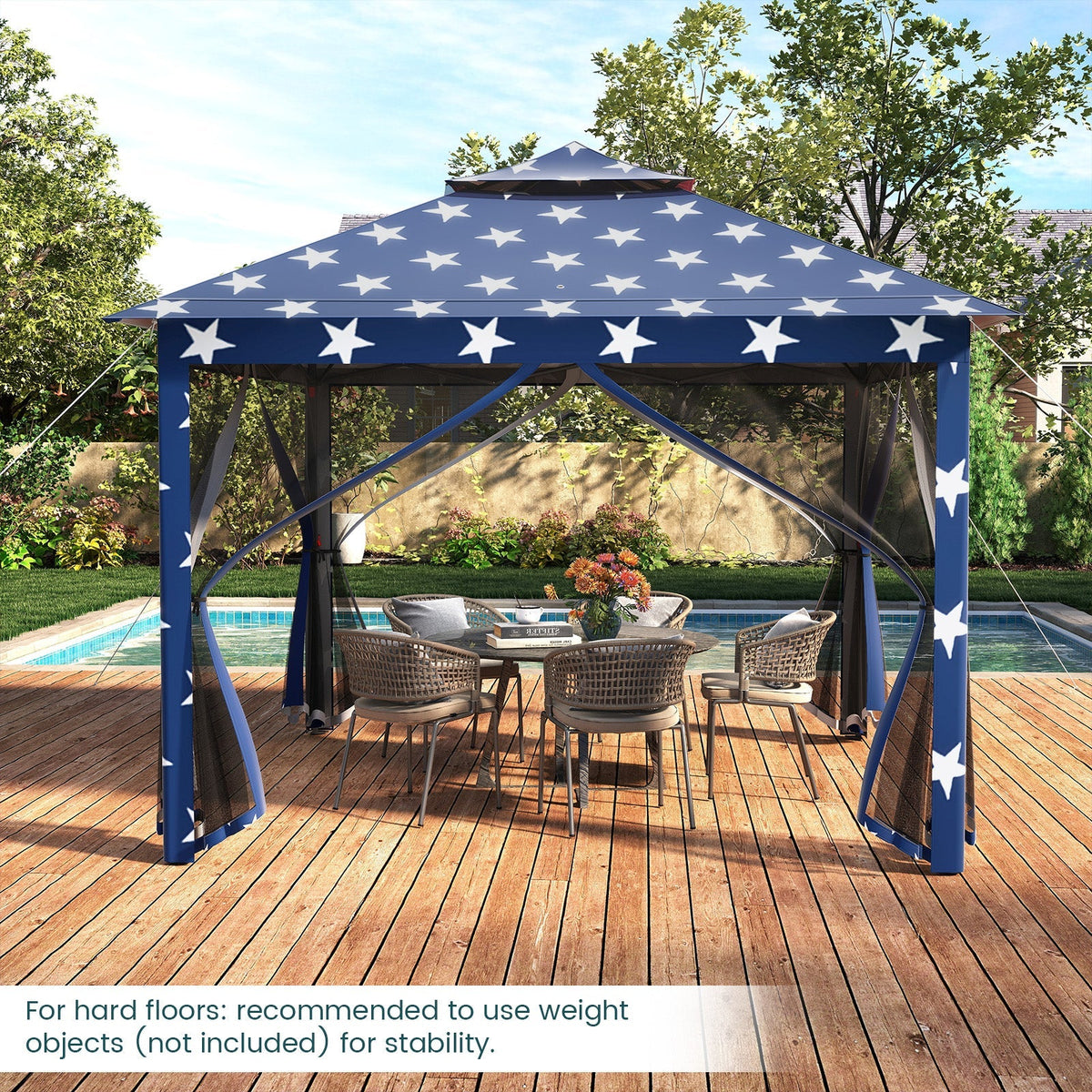 GemGear 11x11 ft pop-up gazebo with star-pattern blue canopy and mesh sides on Tampa Home & Garden Store