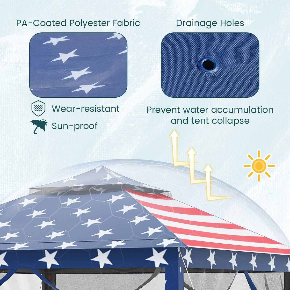 GemGear 11x11 ft 2-tier pop-up gazebo tent with star-patterned blue canopy and carry bag on Tampa Home & Garden Store