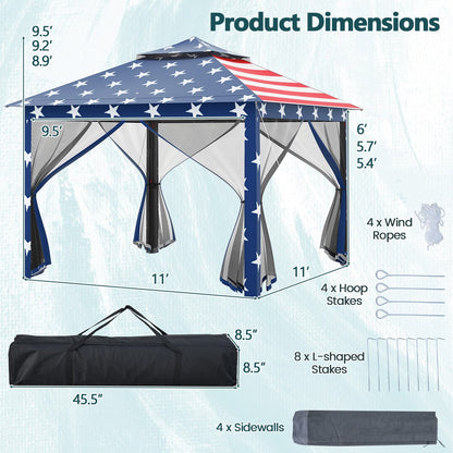 GemGear 11x11 ft pop-up gazebo tent with patriotic star-spangled canopy, mesh side panels on Tampa Home & Garden Store