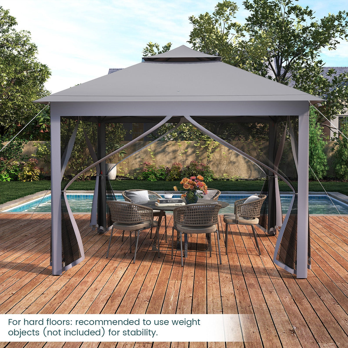 GemGear 11x11 ft two-tier pop-up gazebo tent with mesh sides and carry bag gray frame on Tampa Home & Garden Store