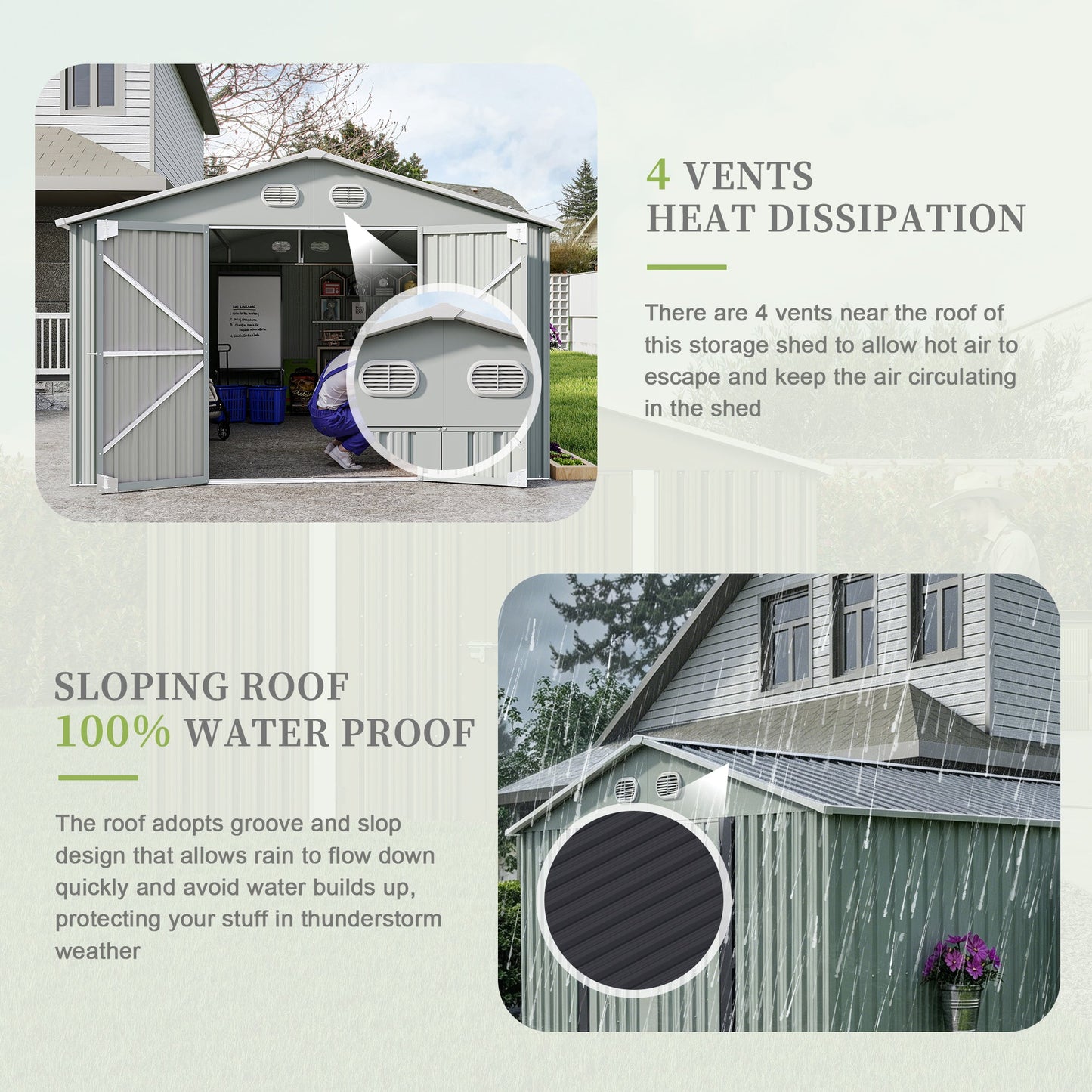 10x12 ft outdoor metal storage shed by HouseOfZazla with gray steel panels and four vents on Tampa Home & Garden Store