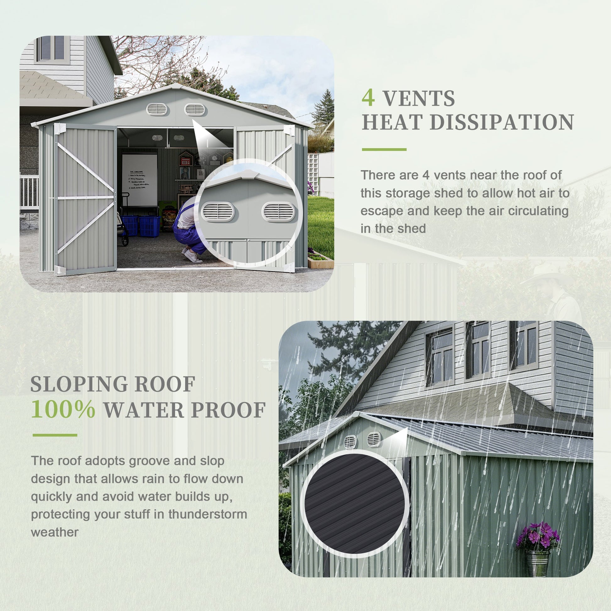 10x12 ft outdoor metal storage shed by HouseOfZazla with gray steel panels and four vents on Tampa Home & Garden Store