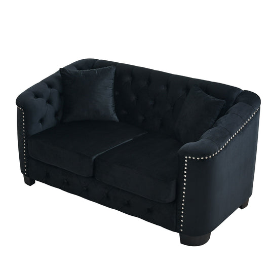 Modern Chesterfield sofa with tufted backrest in black velvet, stationary, nailhead trim on Tampa Home & Garden Store