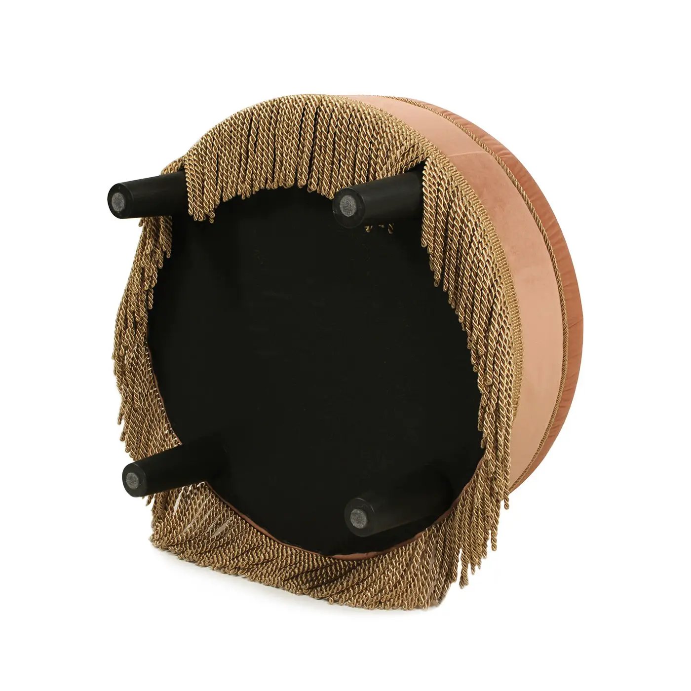 Yolanda Round Upholstered Accent Ottoman with gold fringe trim and brown leatherette sides on Tampa Home & Garden Store