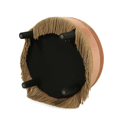 Yolanda Round Upholstered Accent Ottoman with gold fringe trim and brown leatherette sides on Tampa Home & Garden Store