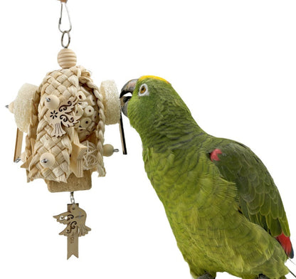 Parrot natural ricepaperplant pith ball gnawing toy with woven beige shreds and hanging loop on Tampa Home & Garden Store
