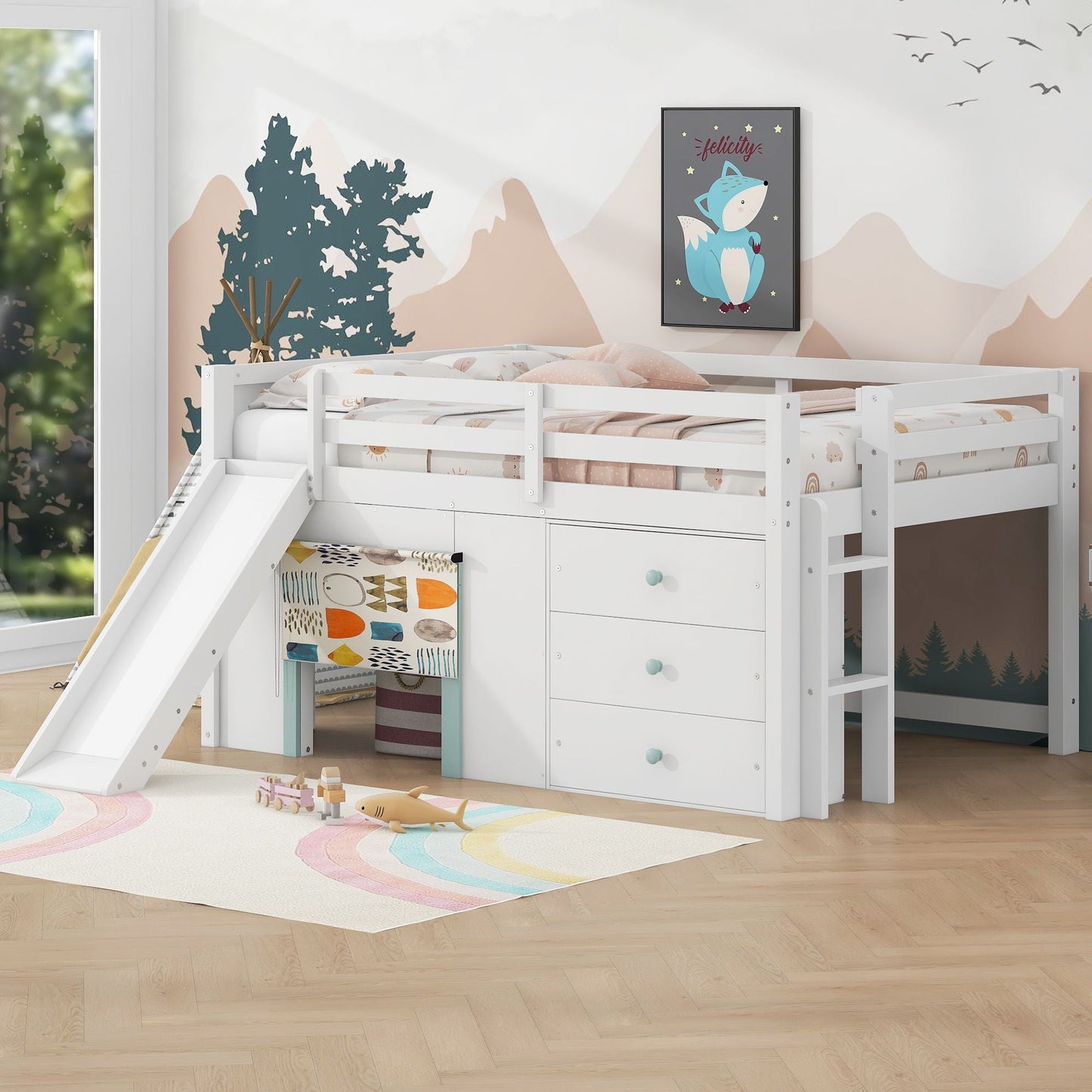 Modern Low Loft Bed with Slide, 3 Storage Drawers, and 2 Doors by HouseOfZazla on Tampa Home & Garden Store
