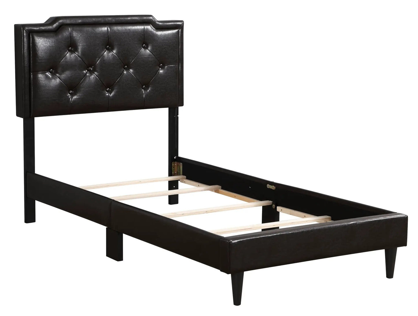 Button tufted upholstered bed with dark brown faux leather headboard and black legs on Tampa Home & Garden Store