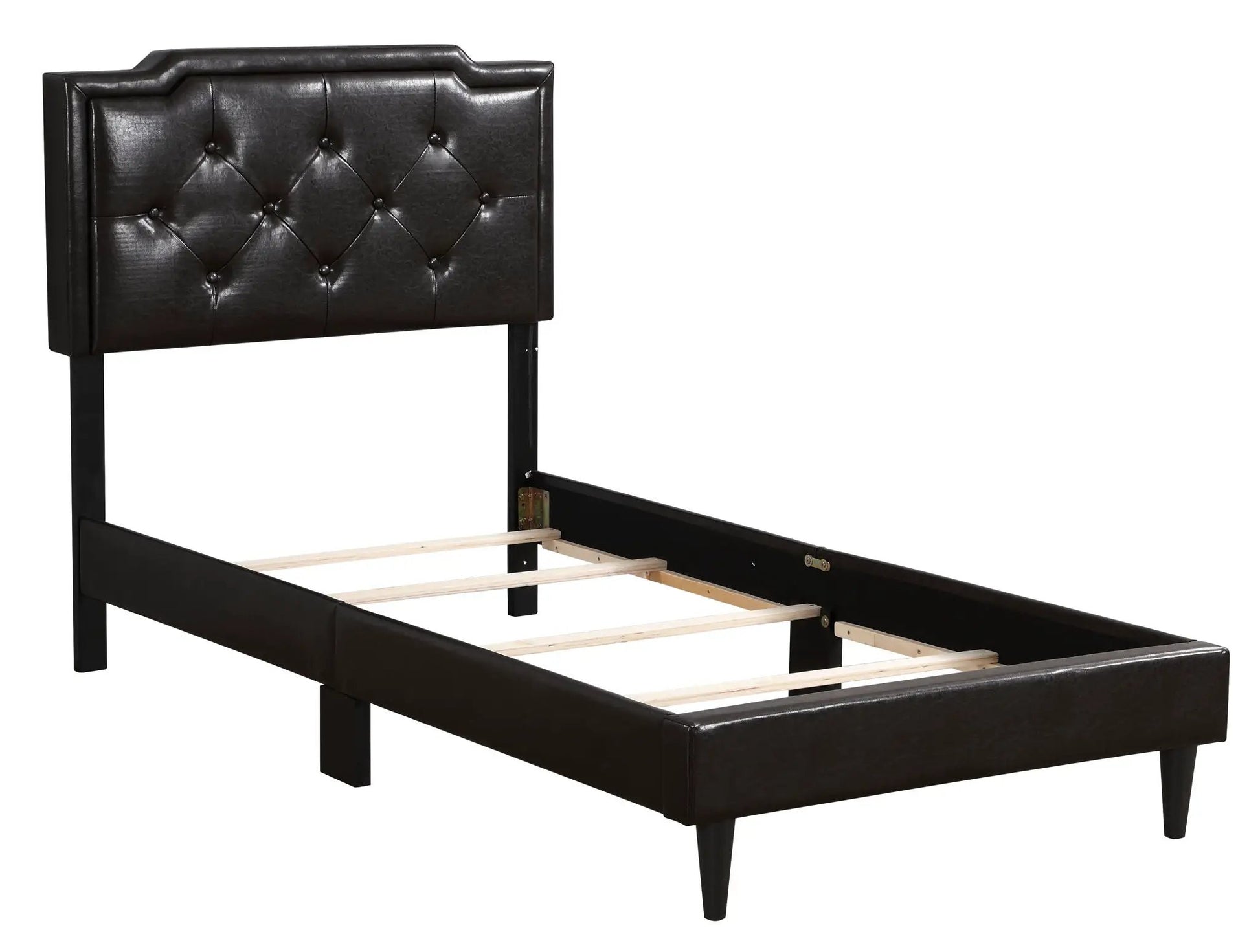 Button tufted upholstered bed with dark brown faux leather headboard and black legs on Tampa Home & Garden Store