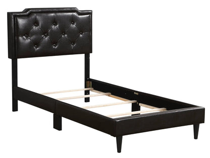 Button tufted upholstered bed with dark brown faux leather headboard and black legs on Tampa Home & Garden Store