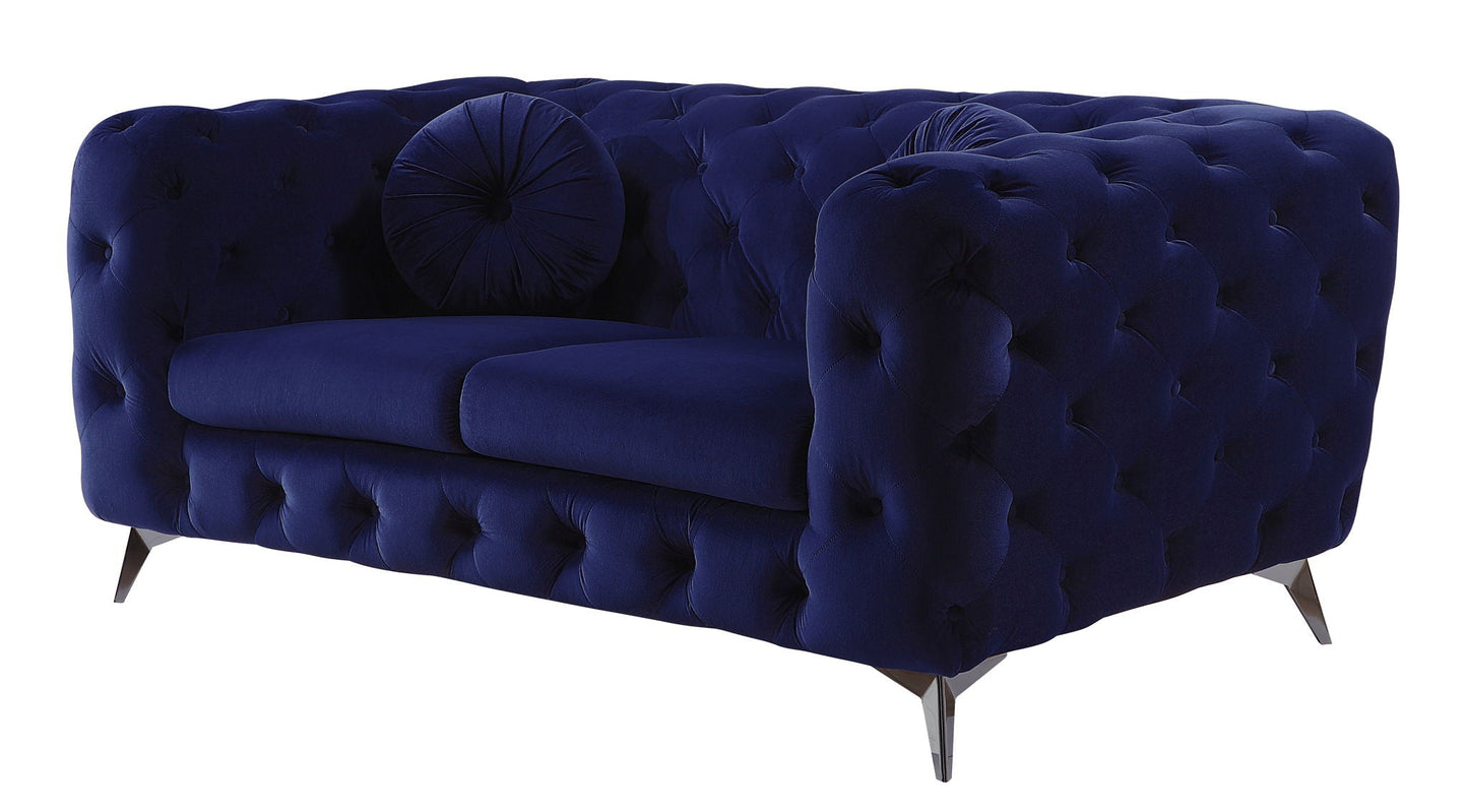 Atronia Loveseat in blue velvet with tufted back and metal legs by HouseOfZazla on Tampa Home & Garden Store
