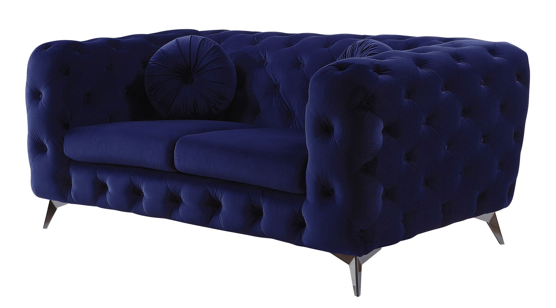 Atronia Loveseat in blue velvet with tufted back and metal legs by HouseOfZazla on Tampa Home & Garden Store