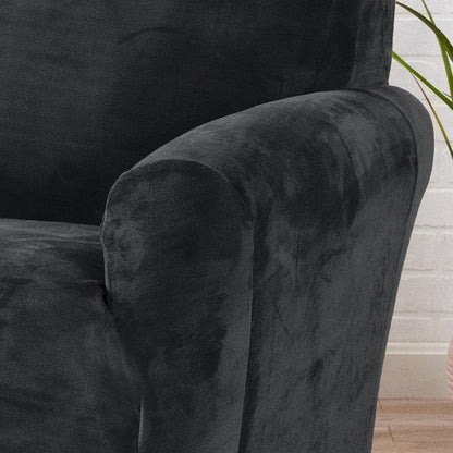 Velvet stretch slipcover Gale Collection on charcoal sofa arm by Great Bay Home on Tampa Home & Garden Store