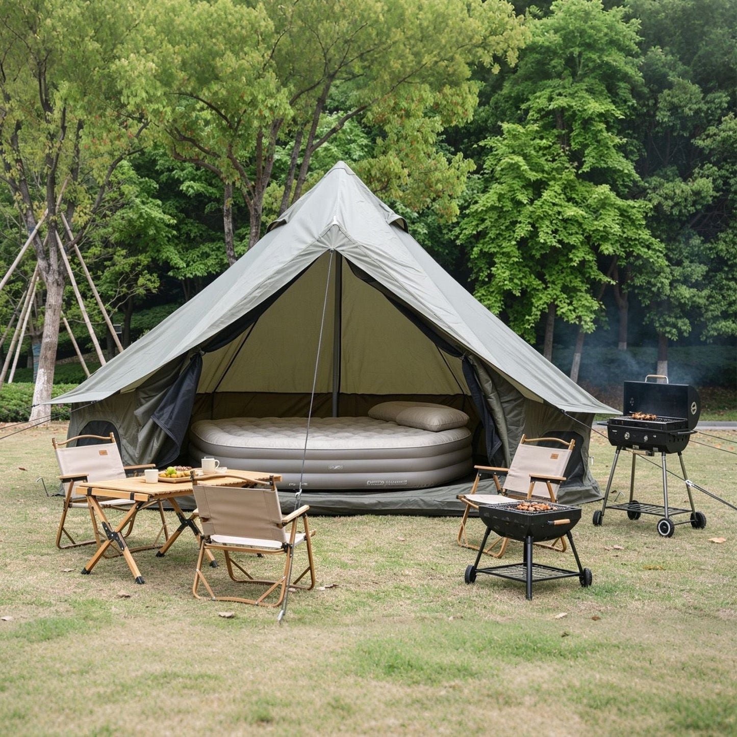 GemGear Oxford Bell Tent 13.1ft camping tent with stove jack in khaki canvas and air mattress on Tampa Home & Garden Store
