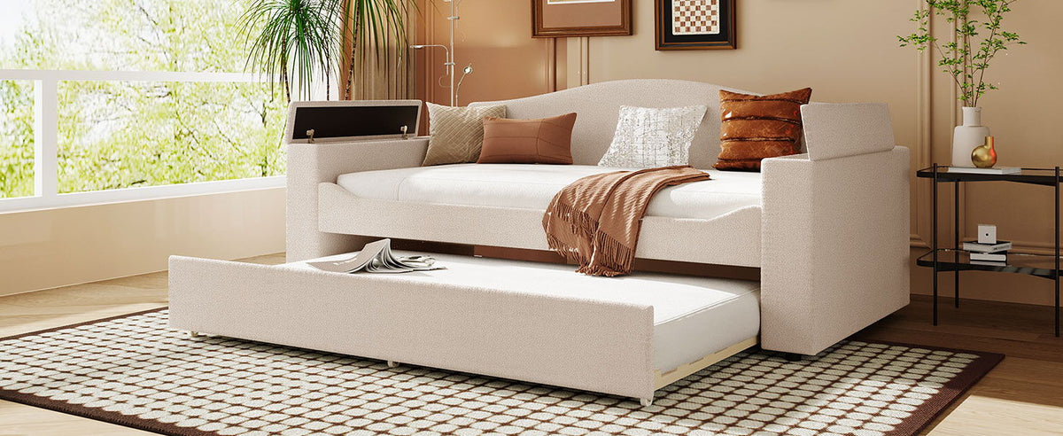 Upholstered beige daybed with storage arms and pull-out trundle, audio system HouseOfZazla on Tampa Home & Garden Store