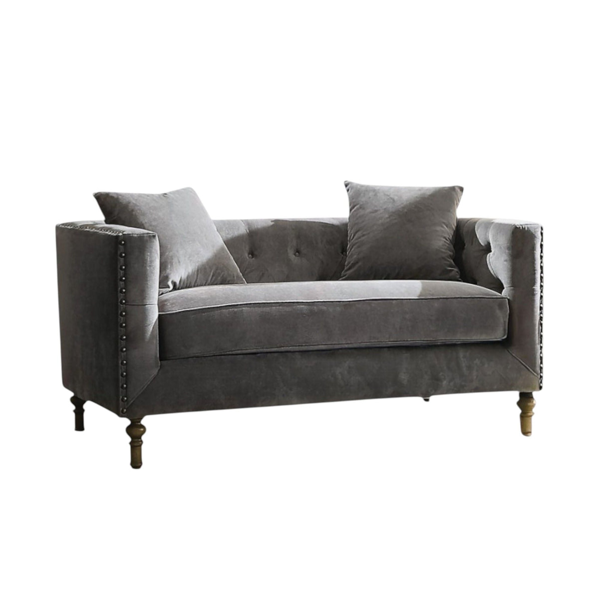 Gray Sidonia stationary loveseat with button tufting, 2 pillows, nailhead trim, wood legs on Tampa Home & Garden Store