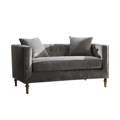 Gray Sidonia stationary loveseat with button tufting, 2 pillows, nailhead trim, wood legs on Tampa Home & Garden Store
