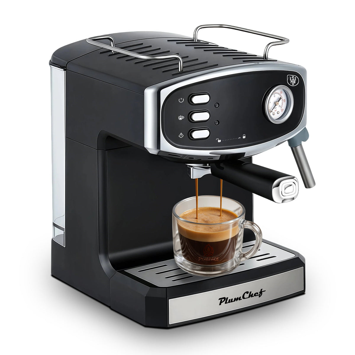 Black 20 Bar PlumChef espresso machine with semi-automatic control, chrome trim, portafilter on Tampa Home & Garden Store