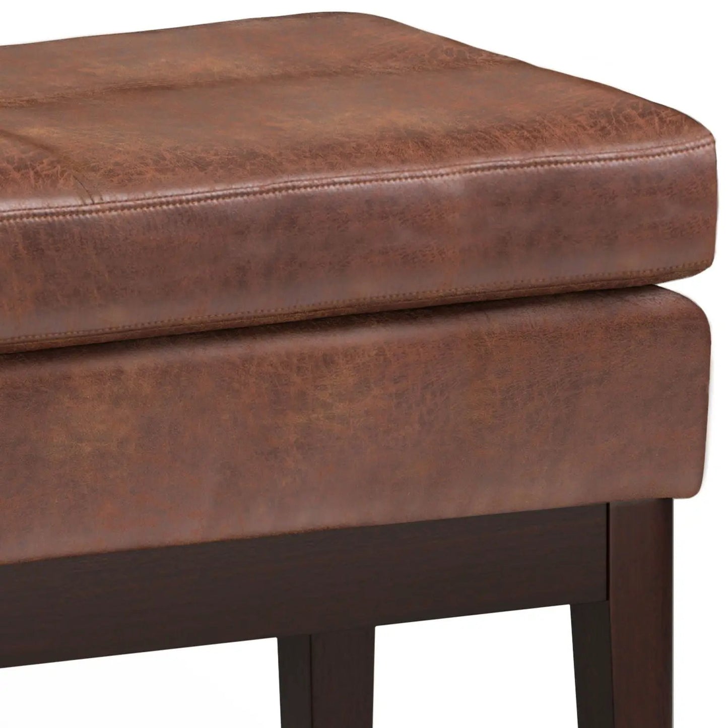 Carlson Ottoman Bench in brown leather with mid-century design and dark wood legs on Tampa Home & Garden Store