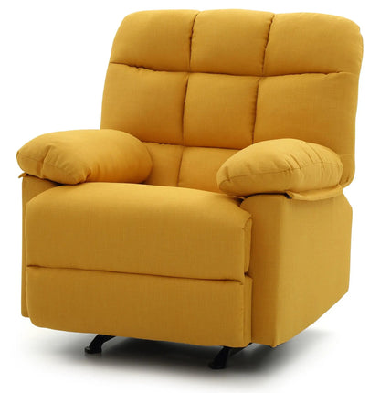 Cindy Rocker Recliner in mustard yellow fabric with tufted back and cushioned arms on Tampa Home & Garden Store