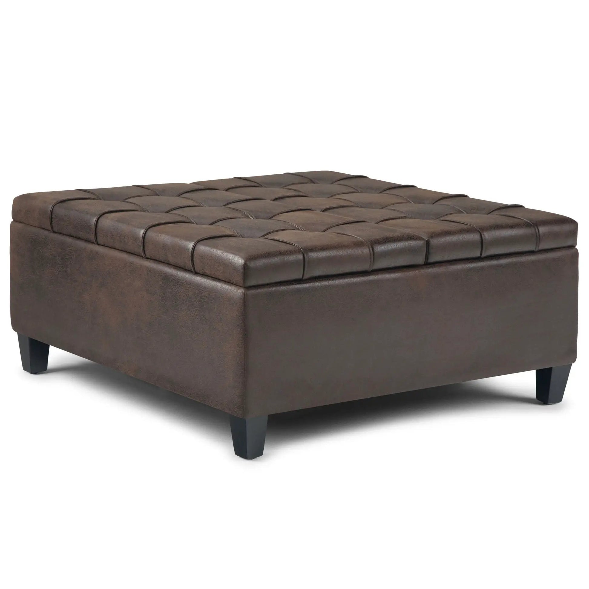 Harrison - Coffee Table Storage Ottoman in brown leather with tufted top and black legs on Tampa Home & Garden Store