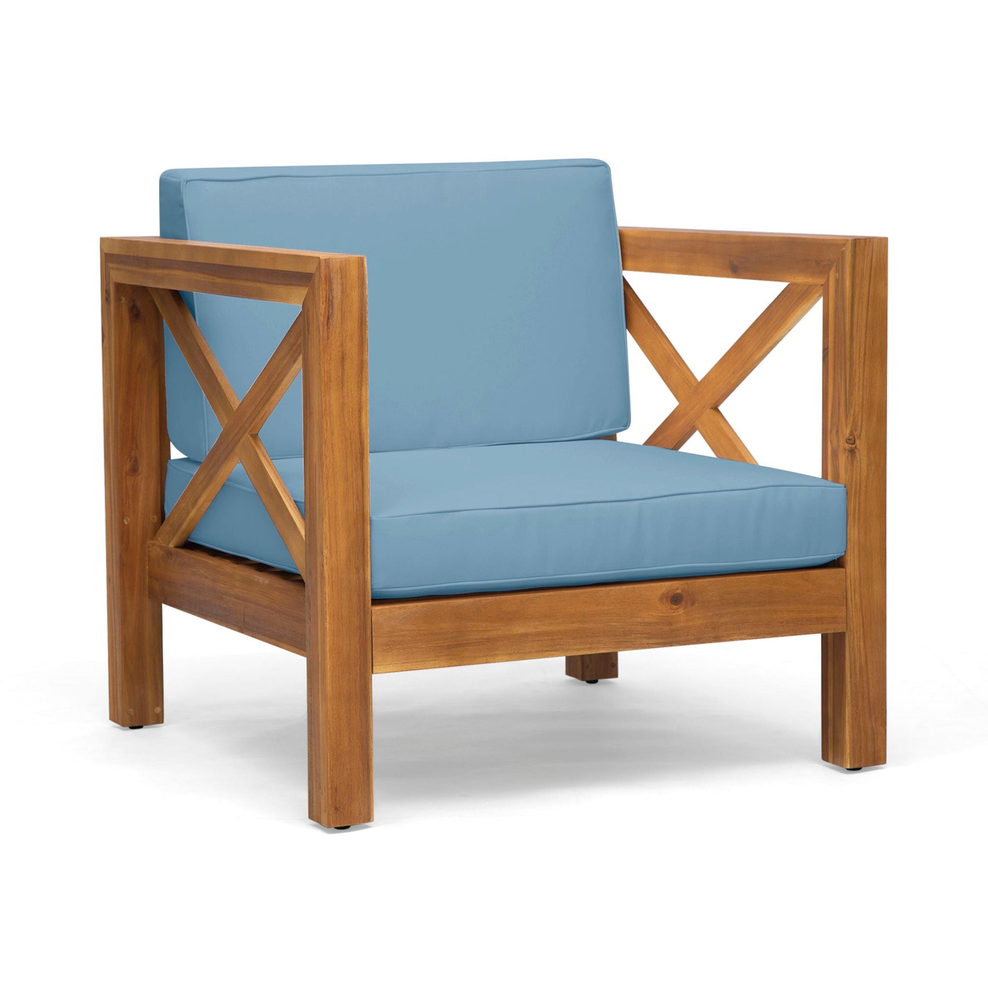 Brava Club Chair with blue water resistant cushions and wooden frame by HouseOfZazla on Tampa Home & Garden Store