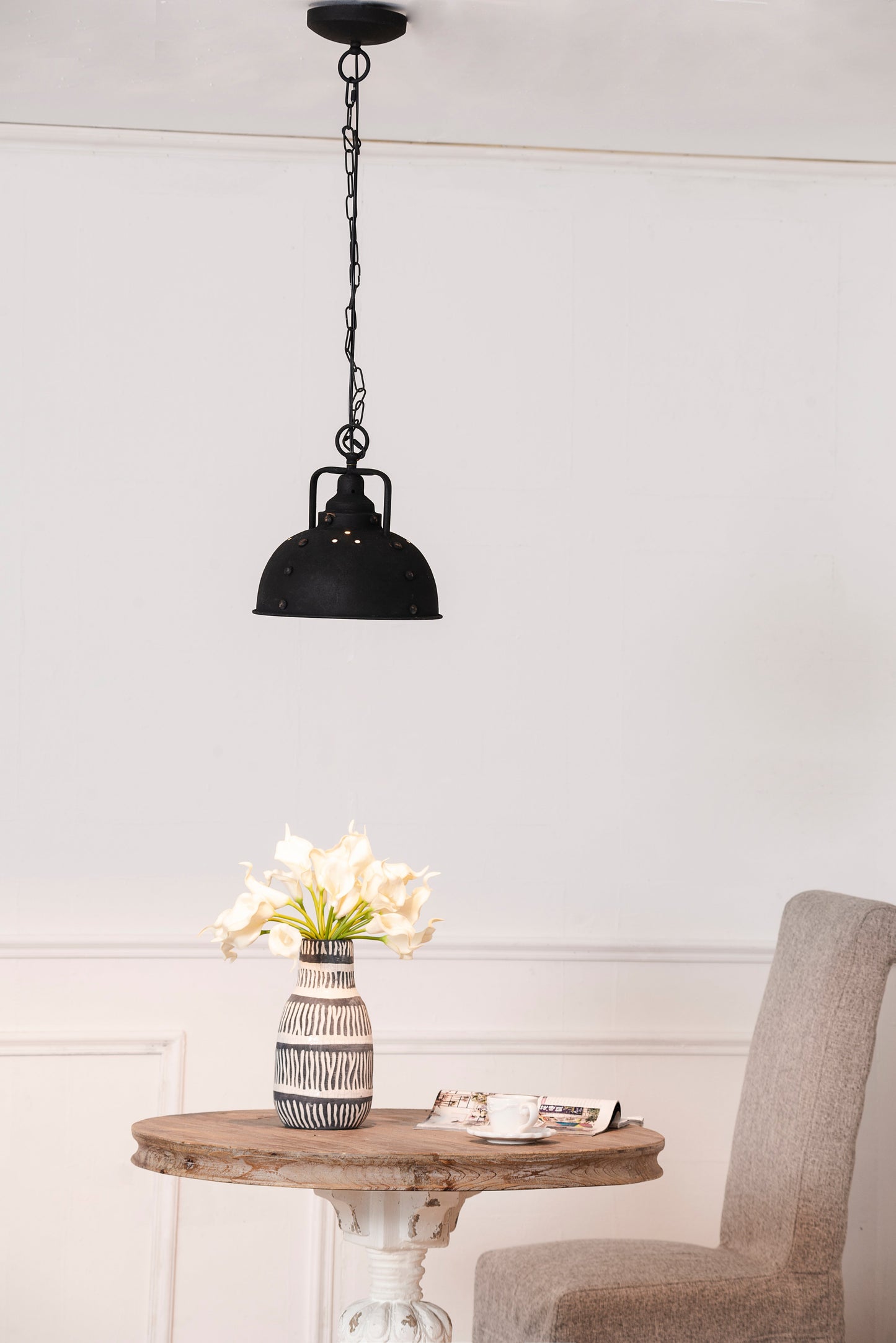 D10.4x11.4 Hanging Lamp black metal dome pendant on chain over a vase by HouseOfZazla on Tampa Home & Garden Store