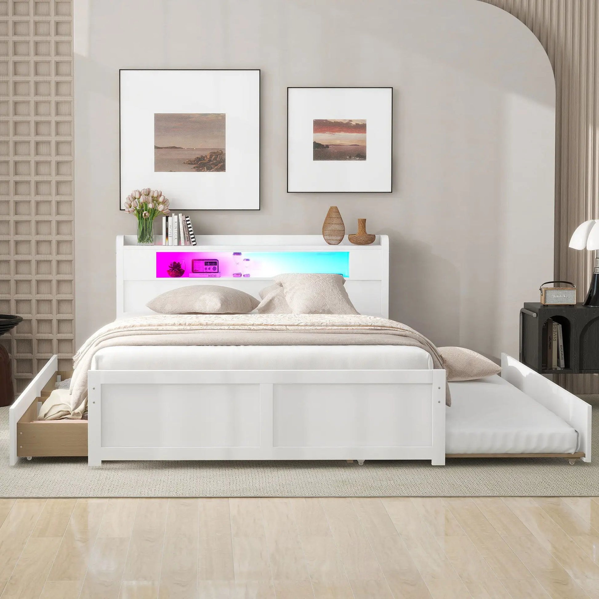 Storage Platform Bed With LED Lights, 2 Drawers And Trundle white finish with beige bedding on Tampa Home & Garden Store
